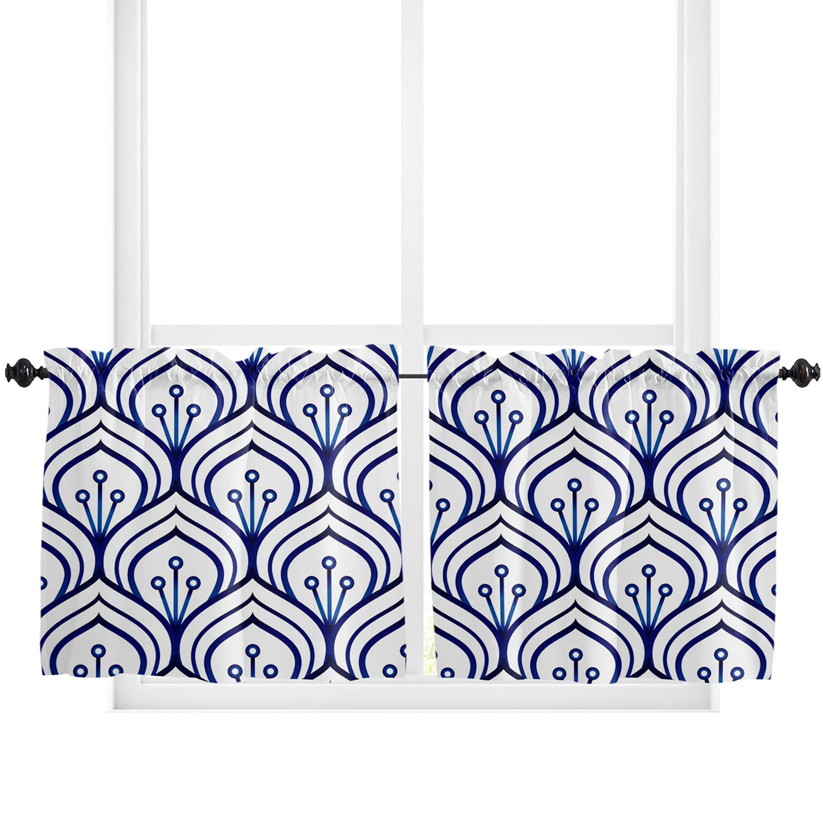 Edwiinsa Kitchen Curtain 2 Panels Tiers Curtains 24 Inch Length, Floral, Curtains Rod Pocket Curtains Window Drapes Treatment Window Cafe Curtains Blue and White Porcelain Fish Scale