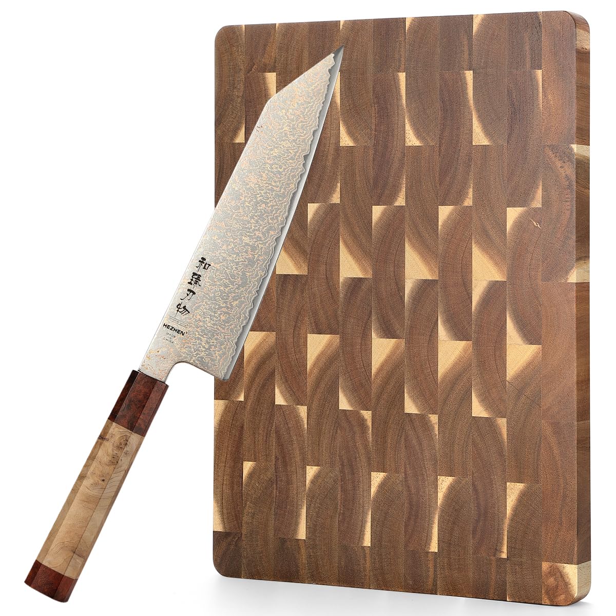 Couteau de Kiritsuke Damas HEZHEN en acier haut de gamme avec sa planche en bois d'acacia