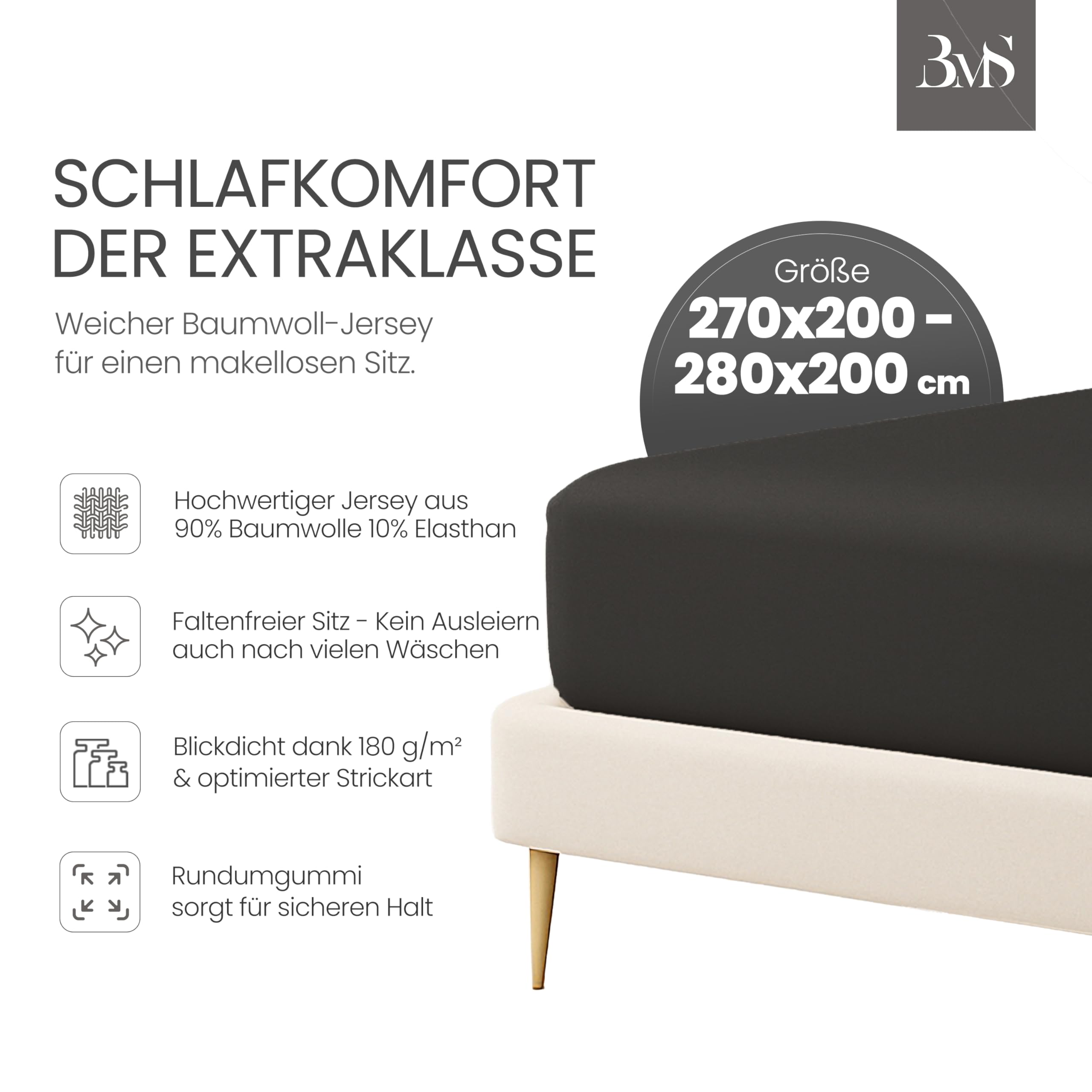 Bettwaesche-mit-Stil Familienbett Spannbettlaken Jersey Spannlaken Spannbetttuch (270x200-280x200 cm, Matratzenhöhe bis 35cm, Anthrazit) Gewicht: 180g/m², 90% Baumwolle 10% Elasthan
