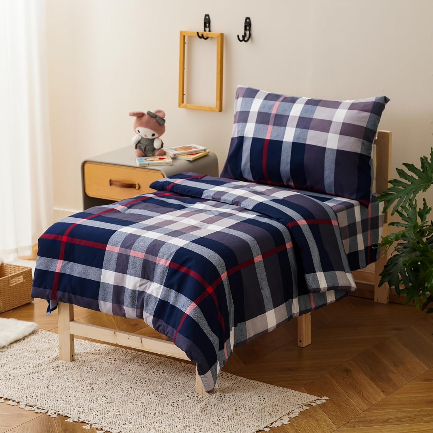 Pureant Blue Plaid Toddler Bedding Sets Buffalo Gray Blue Grid Comforter for Boys Geometric Plaid Bedding Soft Crib Bed Set Including Comforter, Flat Sheet, Fitted Sheet and Pillowcase