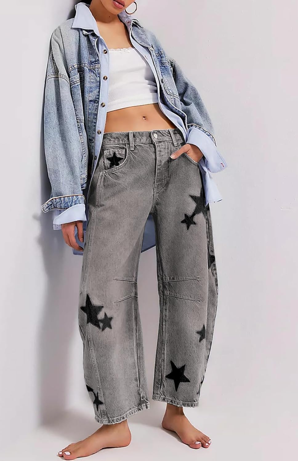 CHARTOU Y2k Barrel Jeans Women Wide Leg Baggy Distressed Printed Boyfriend Horseshoe Denim Pants - Image 3