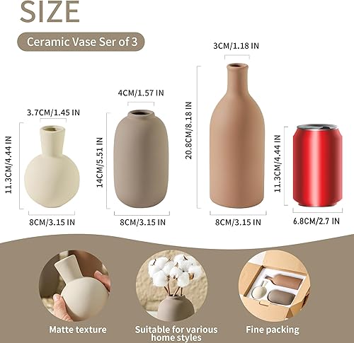 Miniatura 3 de Juego de 3 jarrones de cerámica, modernos y neutros rústicos, decoración para el hogar, decoración de cerámica de pampas para sala de estar, mesa,