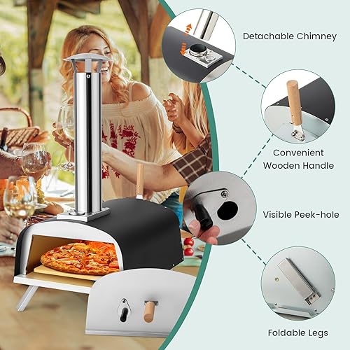 Miniatura 8 de HAPPYGRILL Horno de pizza al aire libre, multicombustible portátil de leña y gas con termómetro integrado, patas plegables, piedra para pizza,