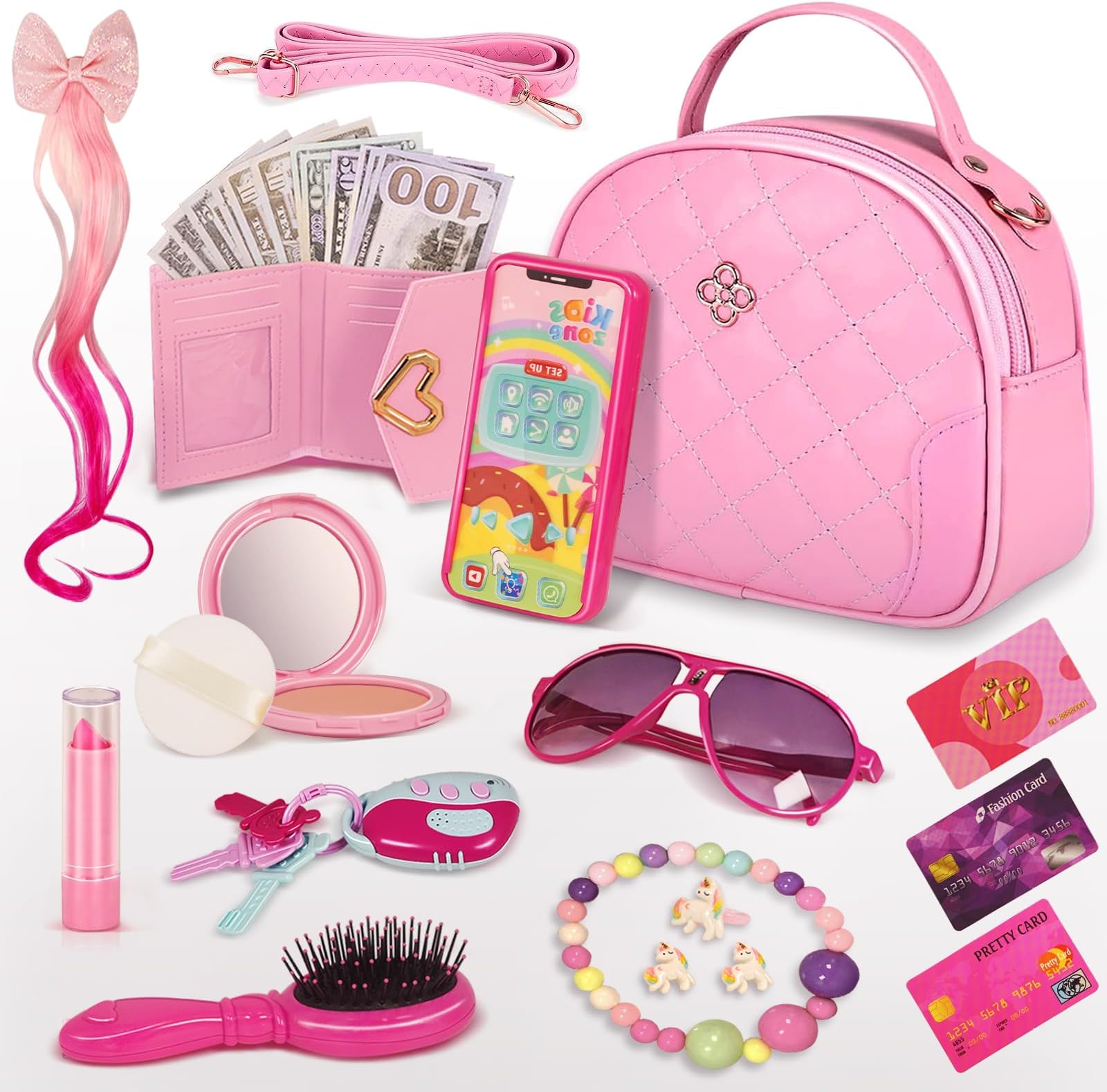 Toddler Play Purse for Little Girls, Purse for 3 4 5 6 7 8 Year Old, Princess Gifts Play Purse Set with Handbag/Phone/Pretend Toy Kit, Birthday Christmas Toys for Girls Age 3+