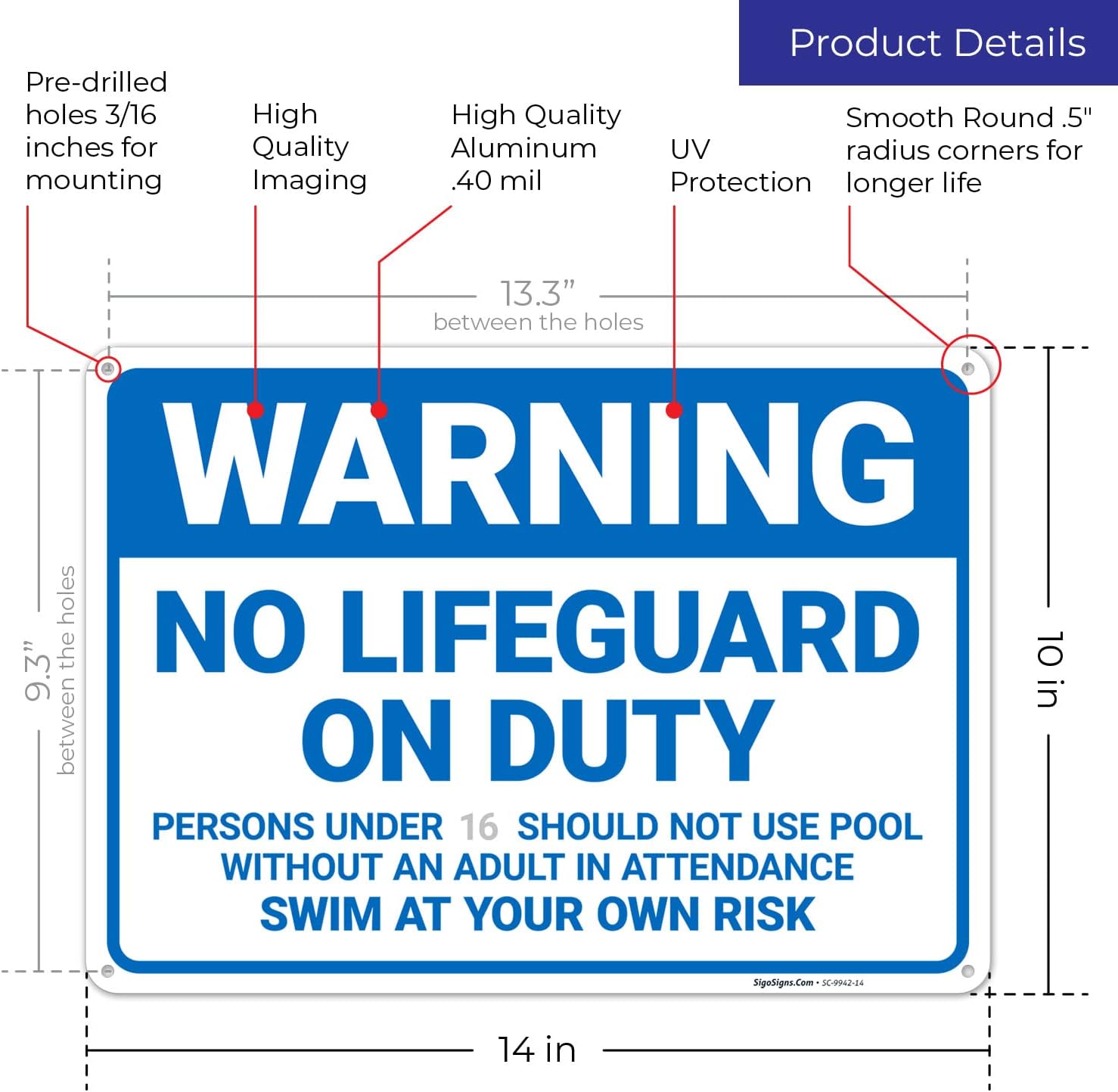 Custom Warning No Lifeguard On Duty Sign, 10x14 Inches, Rust Free .040 Aluminum, Fade Resistant, Made in USA