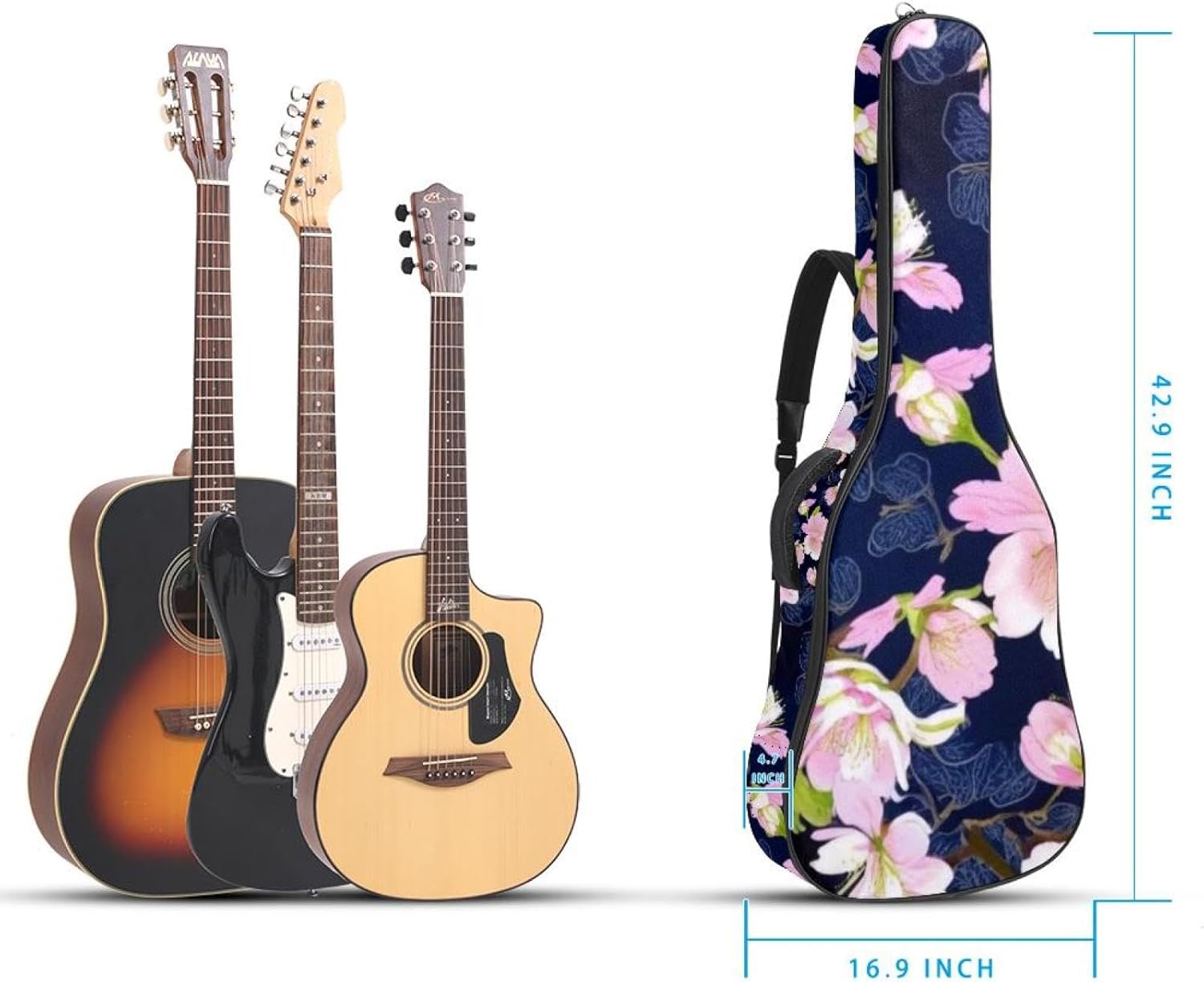 40/41/42-inch Aesthetic Cherry Blossoms Acoustic Guitar Bag With Adjustable Shoulder Strap And 2 Storage Bags. Guitar Bag With Back Hanging Loop, Electric, and Classical Guitars