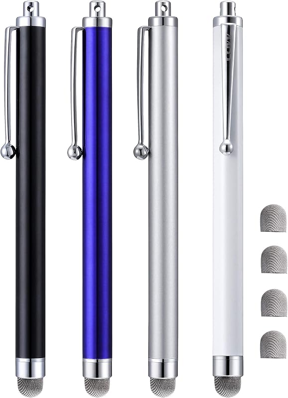 Stylus, 4 Pcs 5.0 Inch Mesh Fiber Tip Stylus Pens for Touch Screen, Compatible with iPad, iPhone, Kindle Fire, 4 Extra Replaceable Hybrid Fiber Tips (White, Black, Silver, Blue)