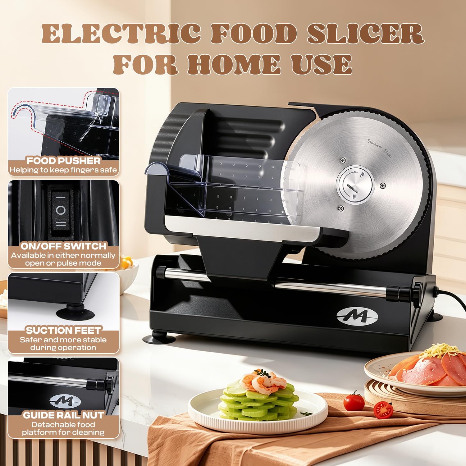 Moongiantgo Cortadora de Fiambre Casa Cortafiambres Eléctrico Profesional con 2x Cuchilla de Acero Inox Extraíble, Ø185mm, Regulador de Grosor 1-20mm, para Pan/Corte Jamon/Carne/Queso/Embutido (220W)