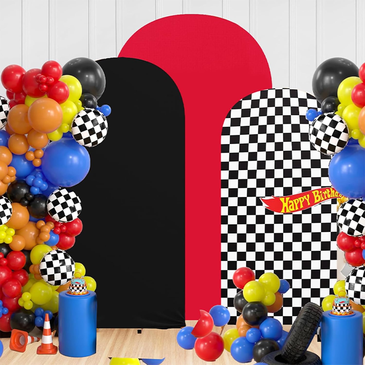 Arch Backdrop Cover Set of 3 (4/5/6FT) Monster Truck Birthday Party Decorations Arch Cover Spandex Fitted Circle Car Racing Arch Backdrop Covers for Kid Boys Let's Go Racing Party Supplies