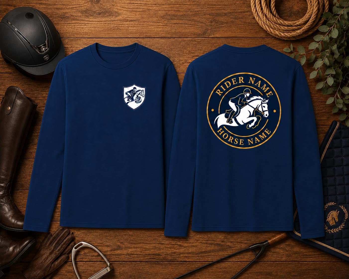 Custom Equestrian Long Sleeve Shirt, Printed Horse Name Crest Design