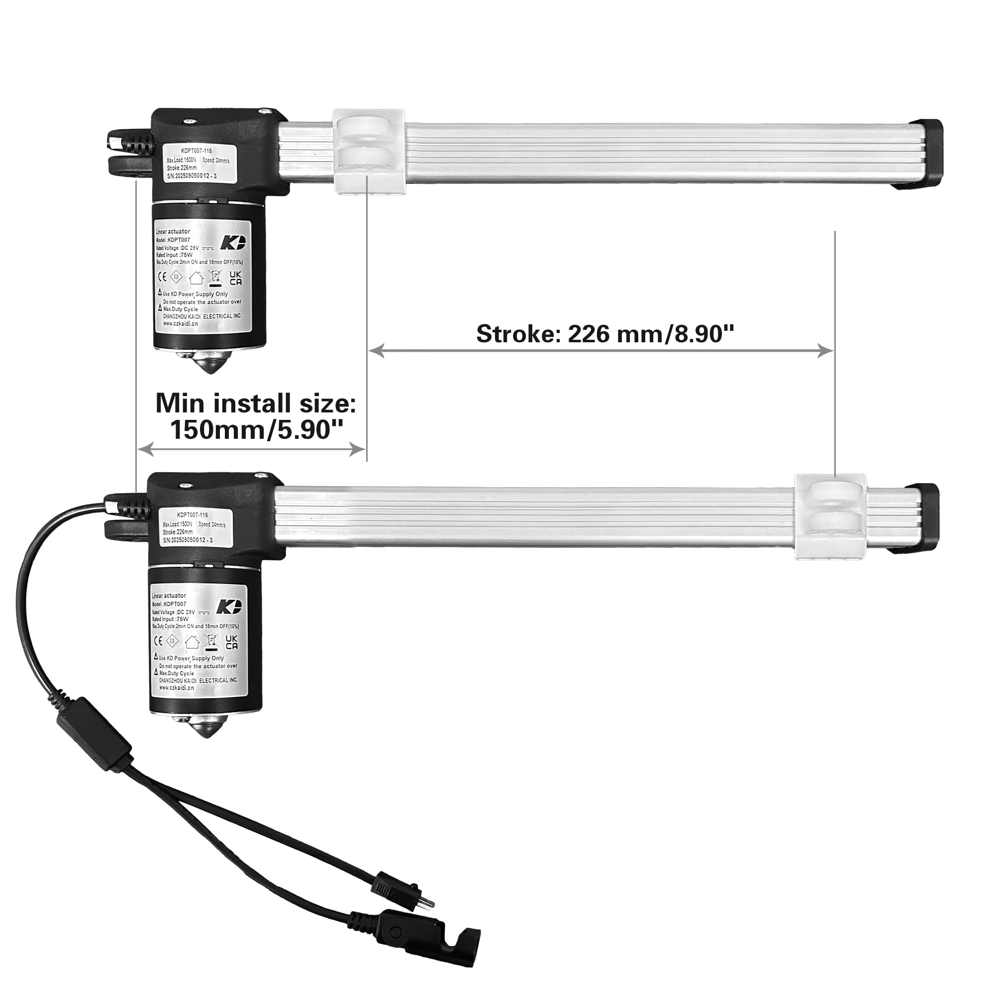 Actuador lineal Kaidi modelo KDPT007-115 Motor de sillas elevadoras reclinables eléctricas | Reemplazo de Limoss 451615, carrera: 226 mm, tamaño mínimo de instalación: 150 mm, repuesto del motor de sofá eléctrico