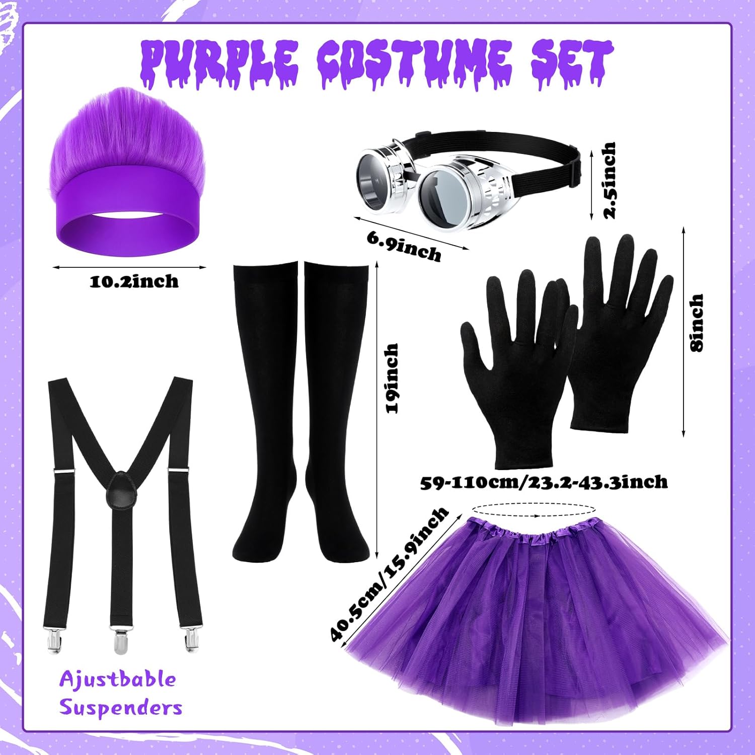 6 Pcs Purple Halloween Costume Accessories Women Adult Cosplay Party Set with Wig Headband Goggles Glasses Tutu - Image 2