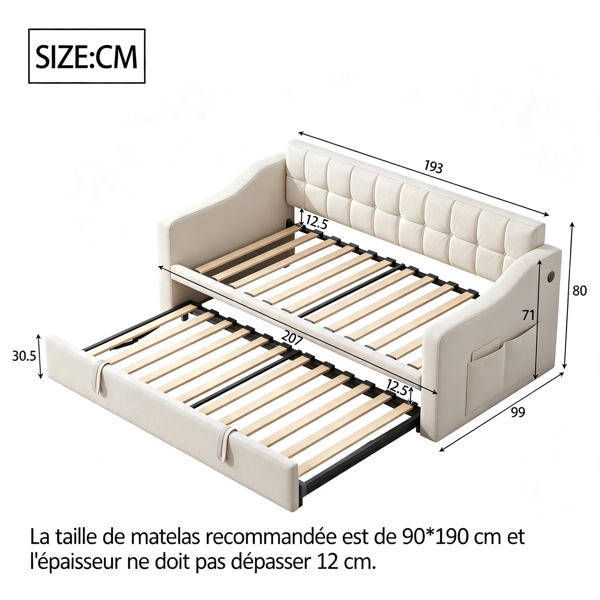 Canapé lit 90x190 cm avec lit gigogne, Prise électrique et Poche de Rangement en Bois, lit Banquette, Cadre de lit 1 Personnes 90x190 avec sommier à Lattes,Velours