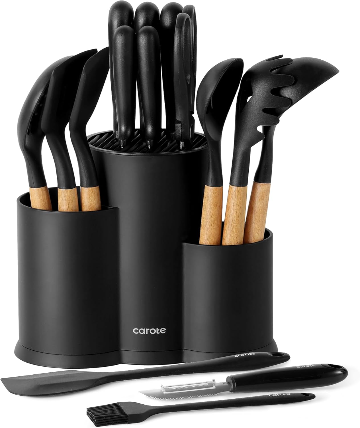 CAROTE 16 Pieces Kitchen Utensils Set, Silicone Cooking Utensils Set with Wooden Handle, Stainless Steel Knife Set with Block, Kitchen Utensil Gadgets Cutlery with Anti-slip Handle, Black CAROTE 16 Pieces Kitchen Utensils Set, Silicone Cooking Utensils Set with Wooden Handle, Stainless Steel Knife Set with Block, Kitchen Utensil Gadgets Cutlery with Anti-slip Handle, Black