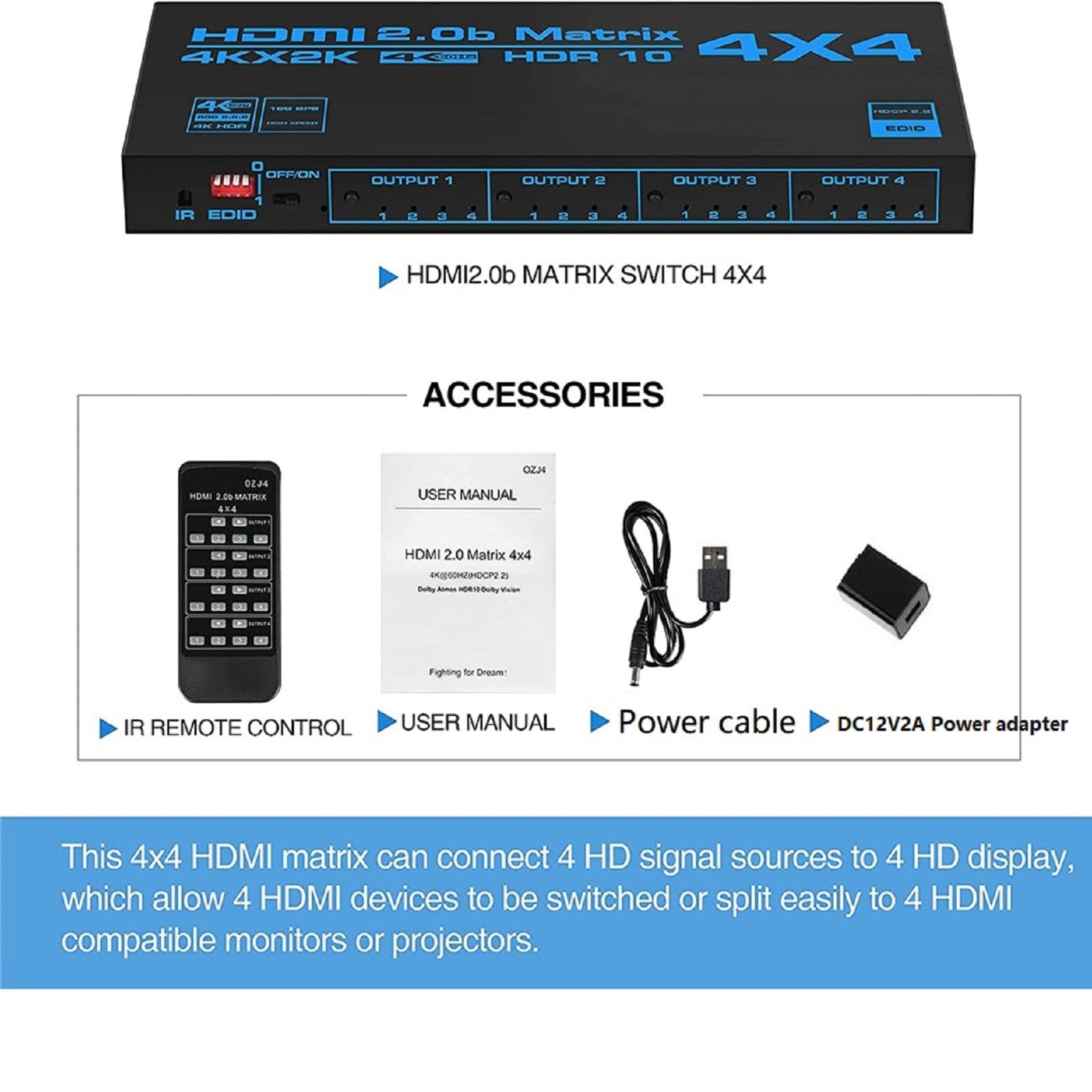 Rozdzielacz matrycowy HDMI 4 x 4, rozdzielacz HDMI 4 w 4 wyjściach, rozdzielacz audio, wideo, obsługa HDR UHD HDMI 2.0, obsługa HDCP 2.2 ARC 3D 4K przy 60 Hz