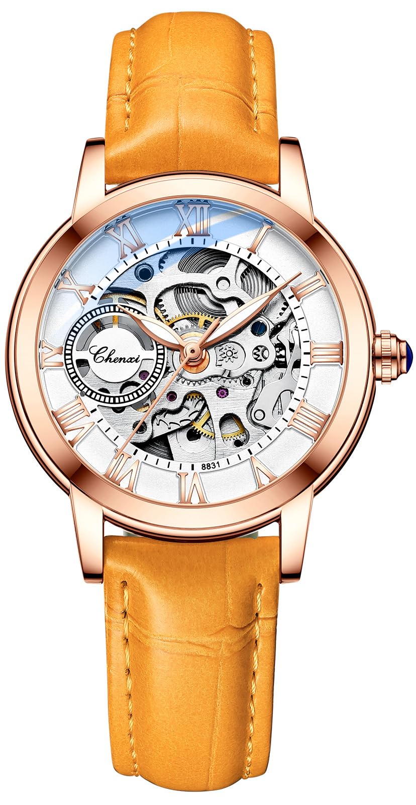 MASTOP Famale, orologio da donna con zaffiro, automatico, steampunk, cinturino in pelle con scheletro dorato, per