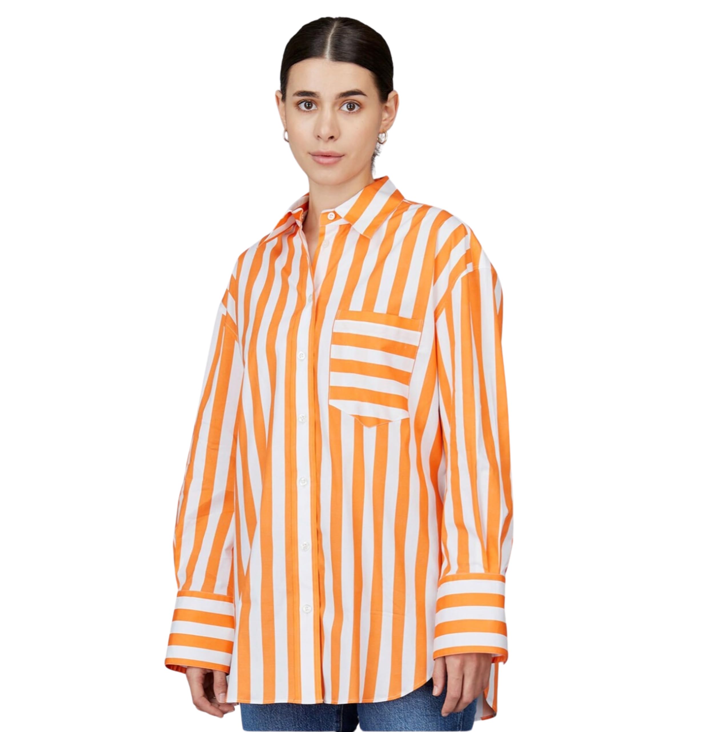 PEEPERLY Shirt for Women Outt Vibrant Stripes Full Sleeve 100% Polyester Regular Fit Turn Down Collar Women Stylish Long Shirt (Orange)-picture-11