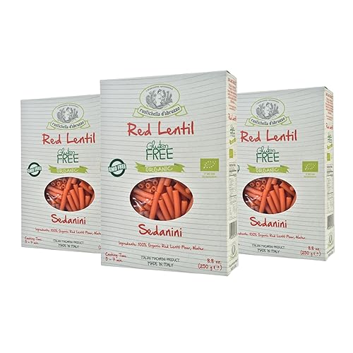 Rustichella d'Abruzzo Sedanini de lentejas rojas orgánicas (paquete de 3), 8.82 oz cada uno, pasta sin gluten hecha con harina de lentejas rojas
