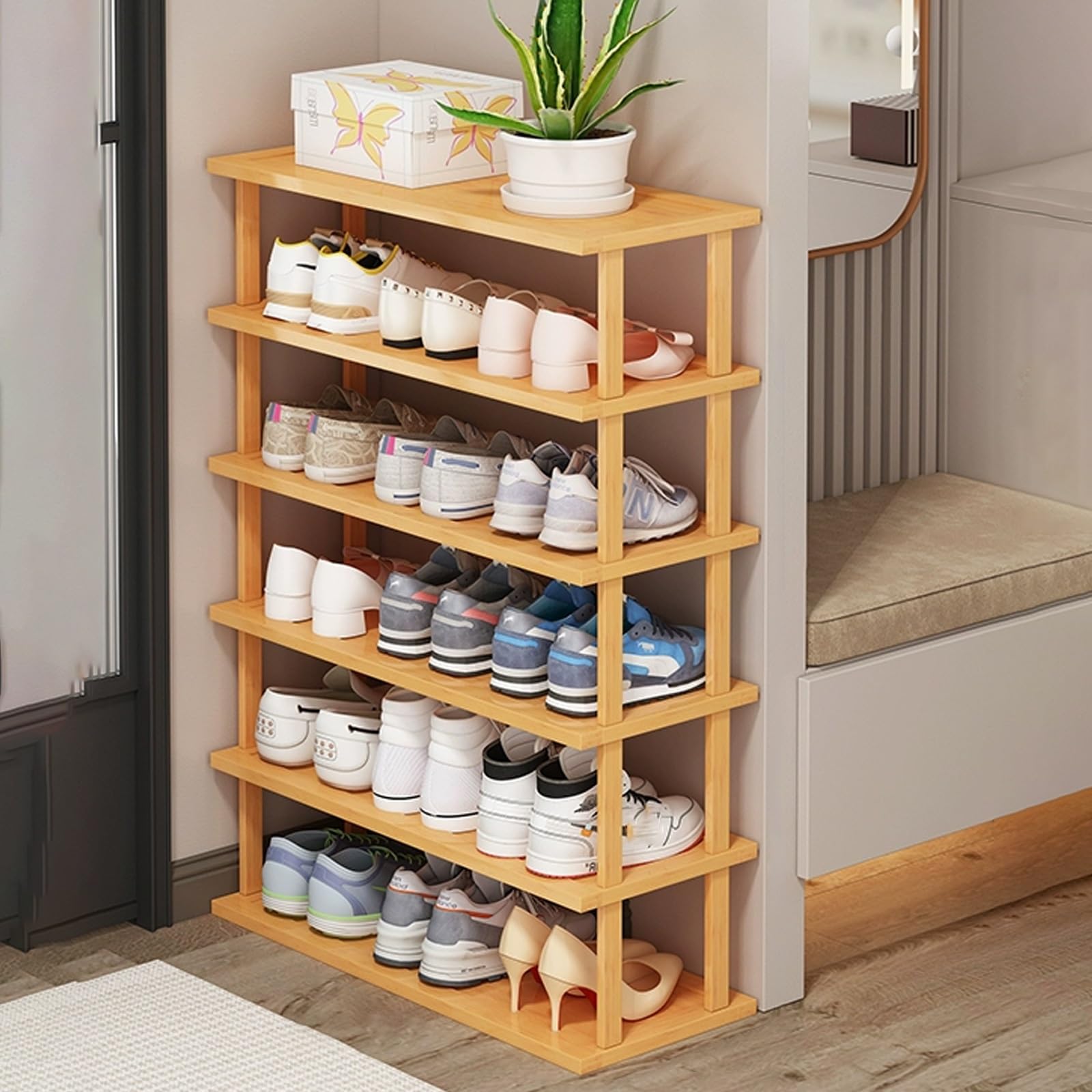 SVFOEBJM Vertical Shoe Rack, Wooden Shoe Rack for Small Spaces, DIY Shoe Shelf, Space Saving Storage, Tall Narrow Shoe Tower Organizer for Entryway Corner Garage Bedroom