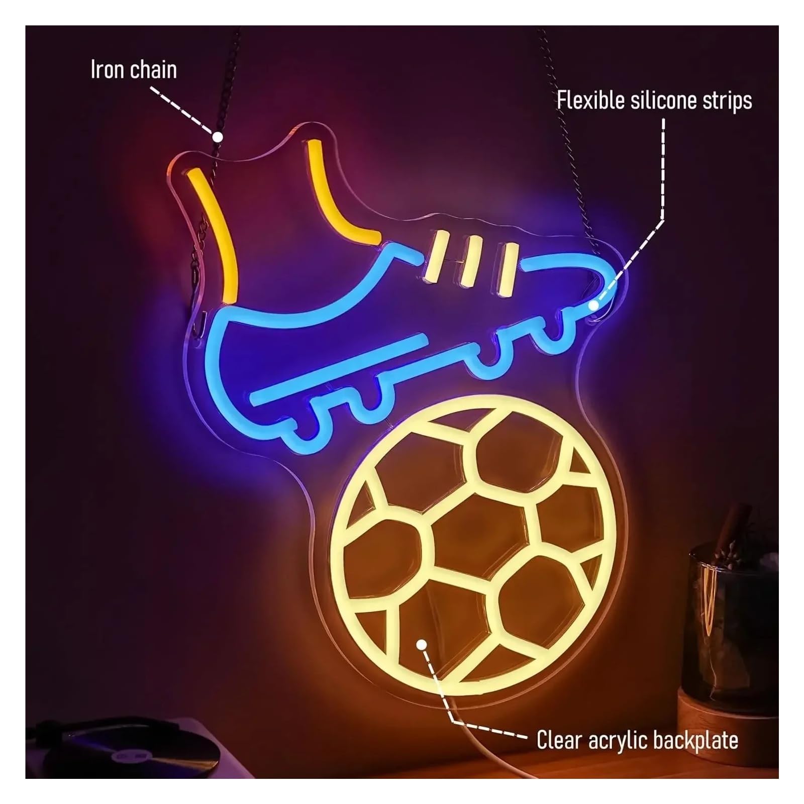 Arte Neón Moderno Letrero de neón deportivo fútbol, ​​luz LED con temática deportiva alimentada por USB para sala juegos, Bar, decoración dormitorio 32x26.5cm