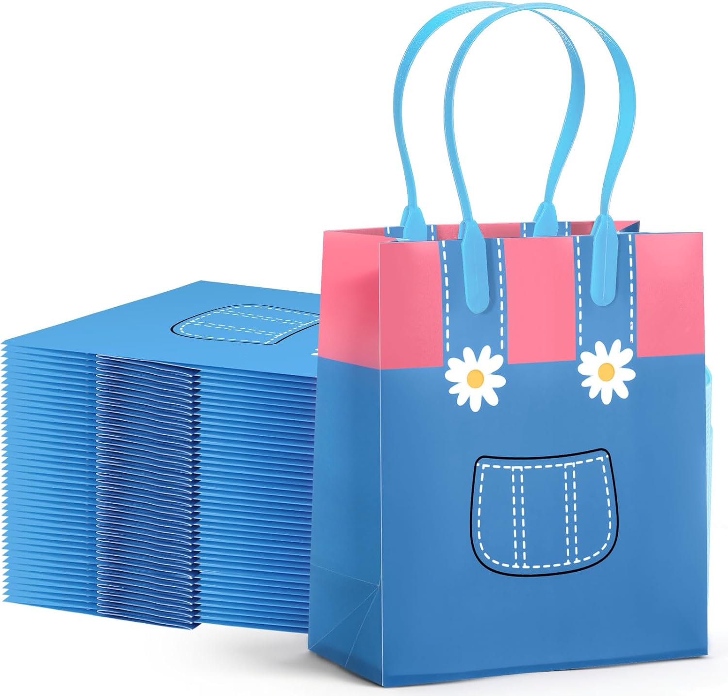 Sadnyy 24 Pcs English Teacher Gift Bags Birthday Party Favors Goodie Bags with Handles Girls Party Decorations Pink Blue Overalls Pattern Cartoon for Birthday Classroom Decor Baby Shower