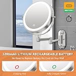 Auxmir 20X/1X Miroir de maquillage mural rechargeable, 8" Miroir grossissant double-côté avec lumière, 3200mAh Miroir de Vanité éclairé avec 3 Modes de couleur, tactile variable, 360° Bras étendu pivotant, Chrome