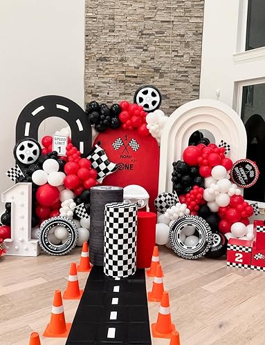 Miniatura 7 de Kit de guirnalda de arco de globos de auto de carreras, 103 globos rojos, negros y plateados con banderas a cuadros y globos de ruedas