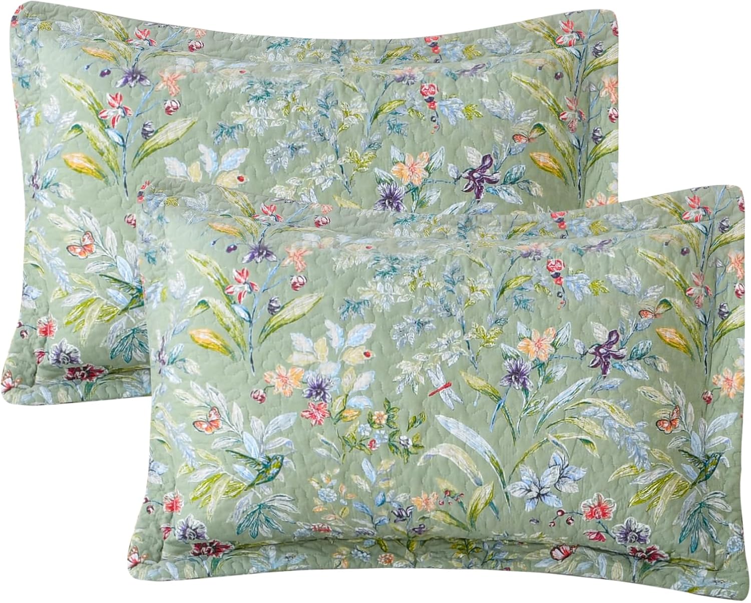 Sanracie Cotton King Size Pillow Shams Set of 2 (20"X36"), Flower Bird Butterfly Printed Pillow Covers Soft Breathable Quilted Bed Pillows