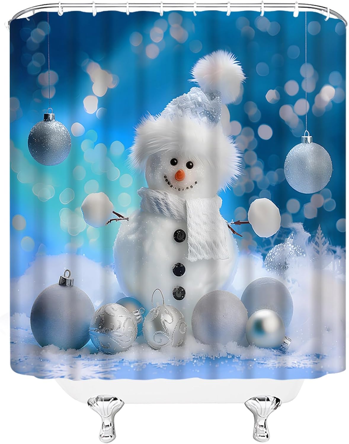 Cute Snowman Shower Curtain Silver Christmas Ball Blue Merry Xmas Winter Holiday Happy New Year Bathroom Curtain Set with Hooks(91" Wx70 H)