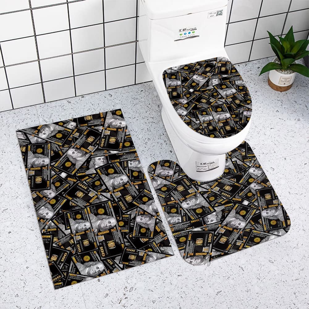 Reateforin Black Money Rugs 100 Dollar Bills Bathroom Rugs Mats Set of 3,Money Bathroom Accessory for Men Memory Foam Bath Mat,U-Shaped Contour Shower Mat Non Slip Absorbent,Toilet Lid Cover Washable