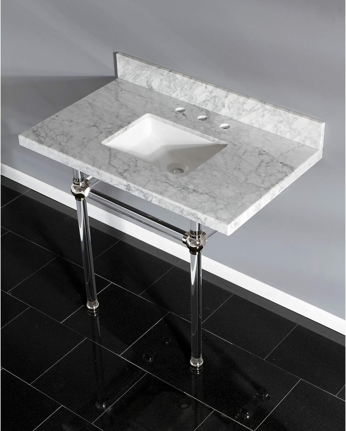 Kingston Brass KVPB3630MASQ6 Templeton 36" x 22" Carrara Marble Vanity Top with Clear Acrylic Console Legs, Carrara Marble/Polished Nickel