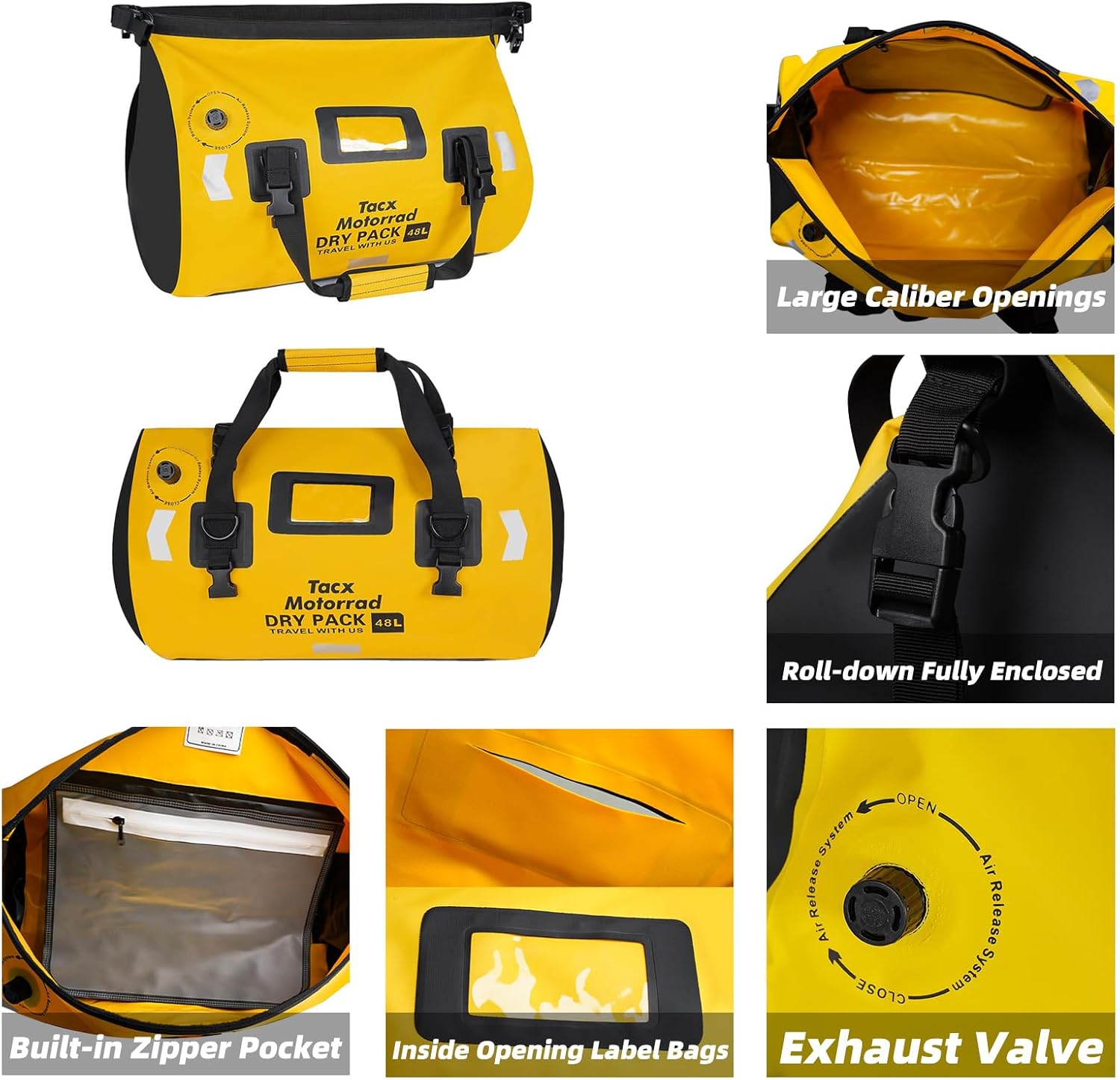Waterproof Duffel Bag for Men/Women, Roll-top Dry Backpack Duffel Bag with Quick-fixed Straps, Motorcycle Tail Saddle Bag for Motorcycling, Rafting, Boating, Kayaking, Travel, 48L-Yellow - Image 5