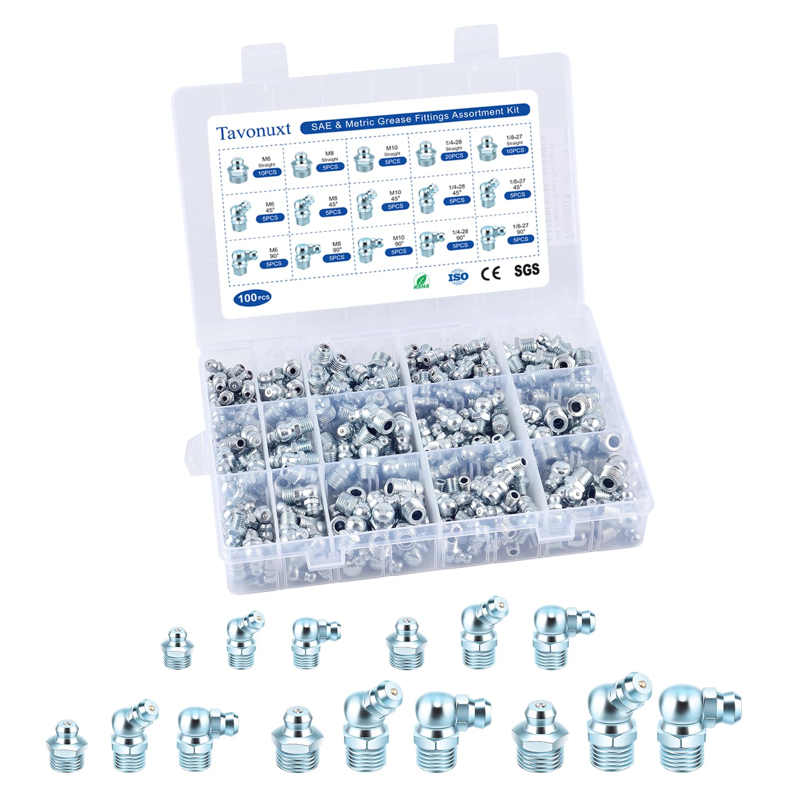 100 PCS SAE &amp; Metric Grease Fittings Kit - Hydraulic Zerk Assortment 1/4" 1/8" M6 M8 M10 with Straight, 45°, and 90° Degree Heads for Automotive and Industrial Use, Galvanized Steel Set