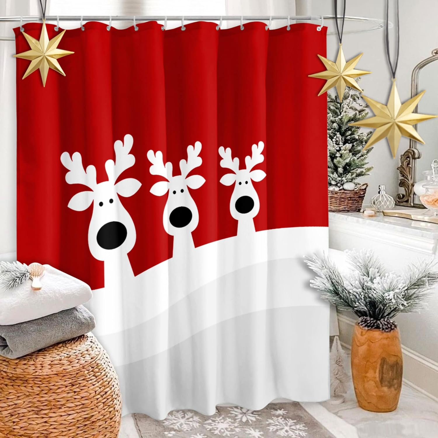 Christmas Elk Shower Curtain, Merry Christmas Reindeer Shower Curtains for Bathroom, Winter Farmhouse Bathroom Home Decor, Cute Winter Holiday New Year Decor 72X72 Waterproof Fabric with Hooks