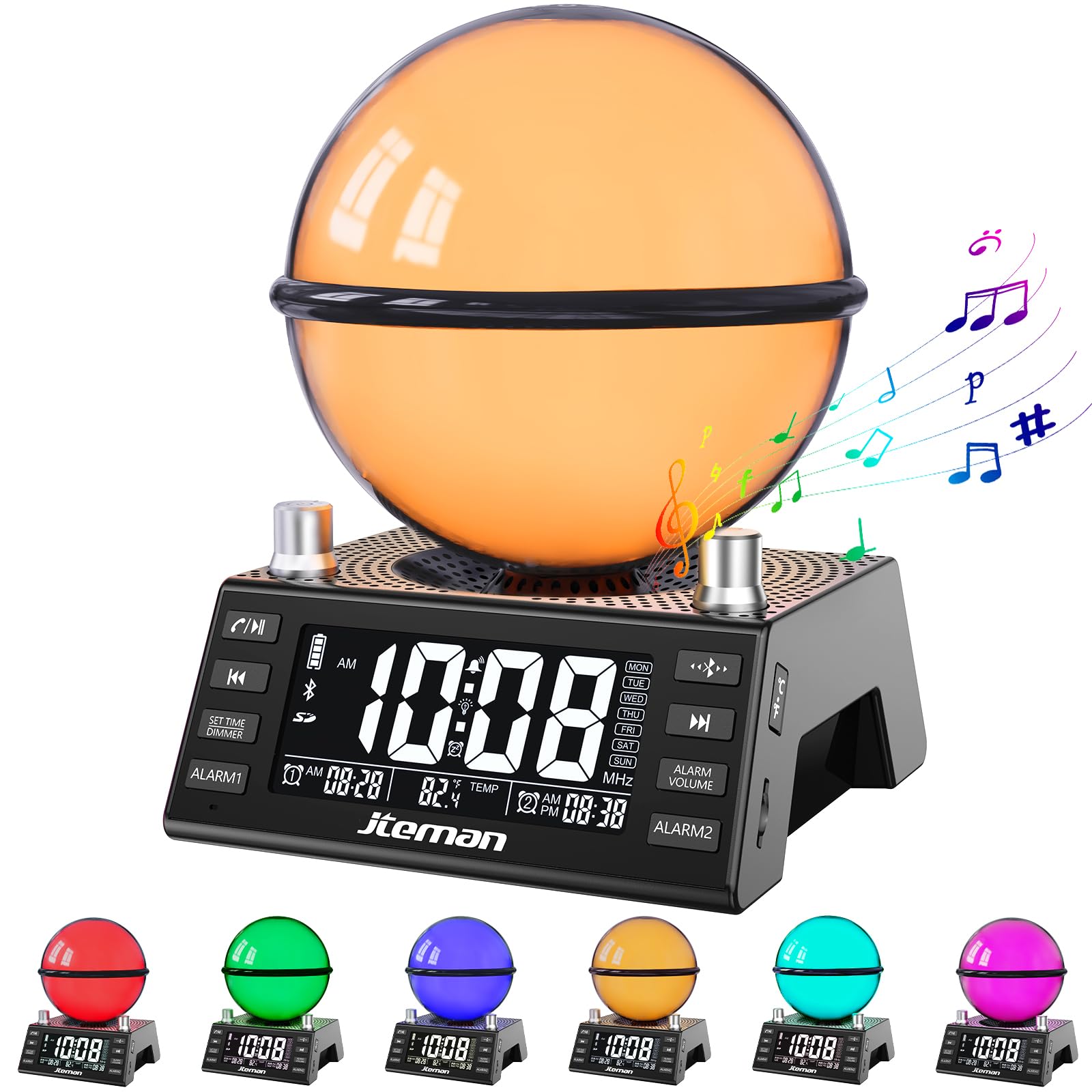 JTEMANNight Light Bluetooth Speakers, Alarm Clock Bluetooth Speaker with 7 Color LED Lights Digital,Snooze,Touch Sensor Bedside Lamp for Bedroom, Ideal Gift for Heavy Sleepers(Black)