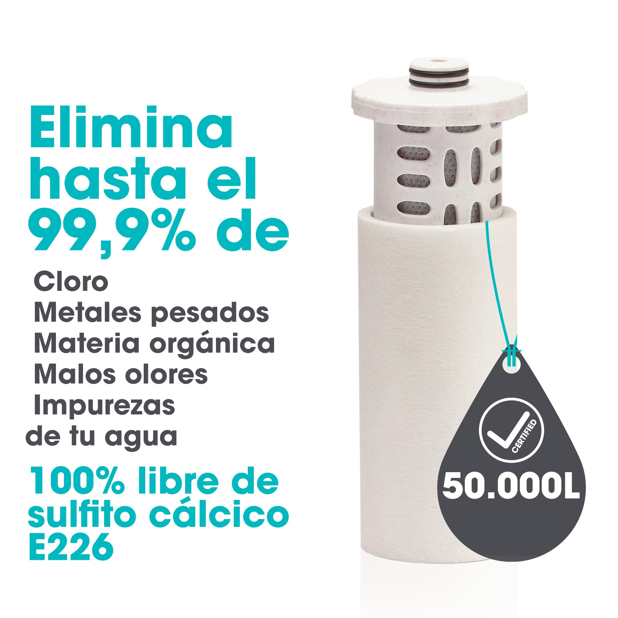 ALKANATUR Filtro Agua para Ducha y Baño 50.000 L Recambiable Sistema de Filtración Libre De Sulfito Cálcico E226
