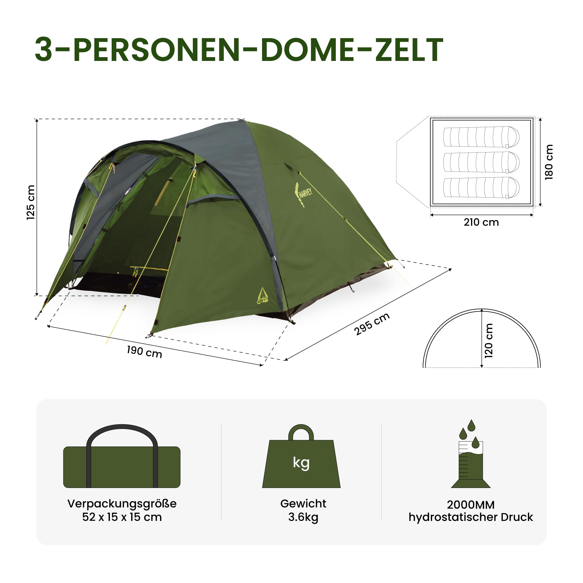 High Peak Campingzelt für 3 Personen, Kuppelzelt mit langem Vordach, leicht | 2-in-1 Innenzelt mit Regenplane, Wasserabweisendes Außengewebe, Mesh-Belüftung, Für Festival und Kurztrips