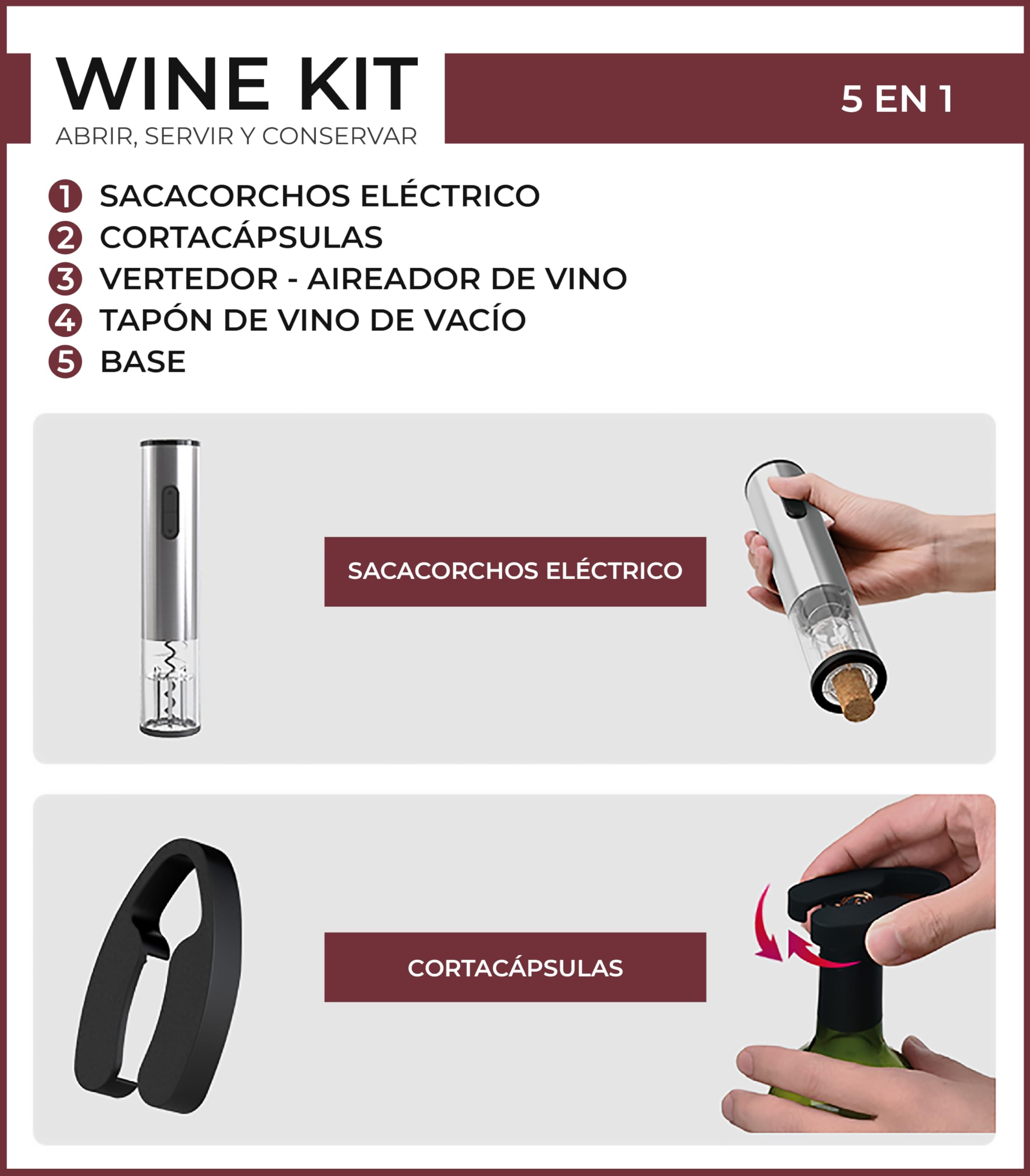 VINAK Wine Kit - Sacacorchos eléctrico con pilas de acero inoxidable + tapón de vino al vacío + boquilla vertedor + cortacápsulas | Diseño moderno | Abrebotellas sin esfuerzo