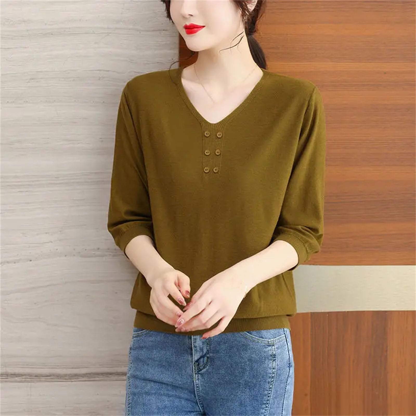 Maglietta da donna lavorata a maglia, mezza manica con scollo a V, tinta unita, stile vintage