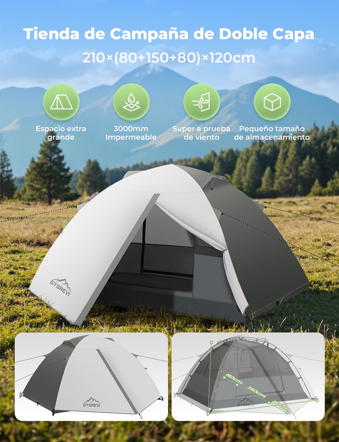 Tienda de Campaña Impermeable 2-3 Personas Doble Capa Portátil Ultraligera
