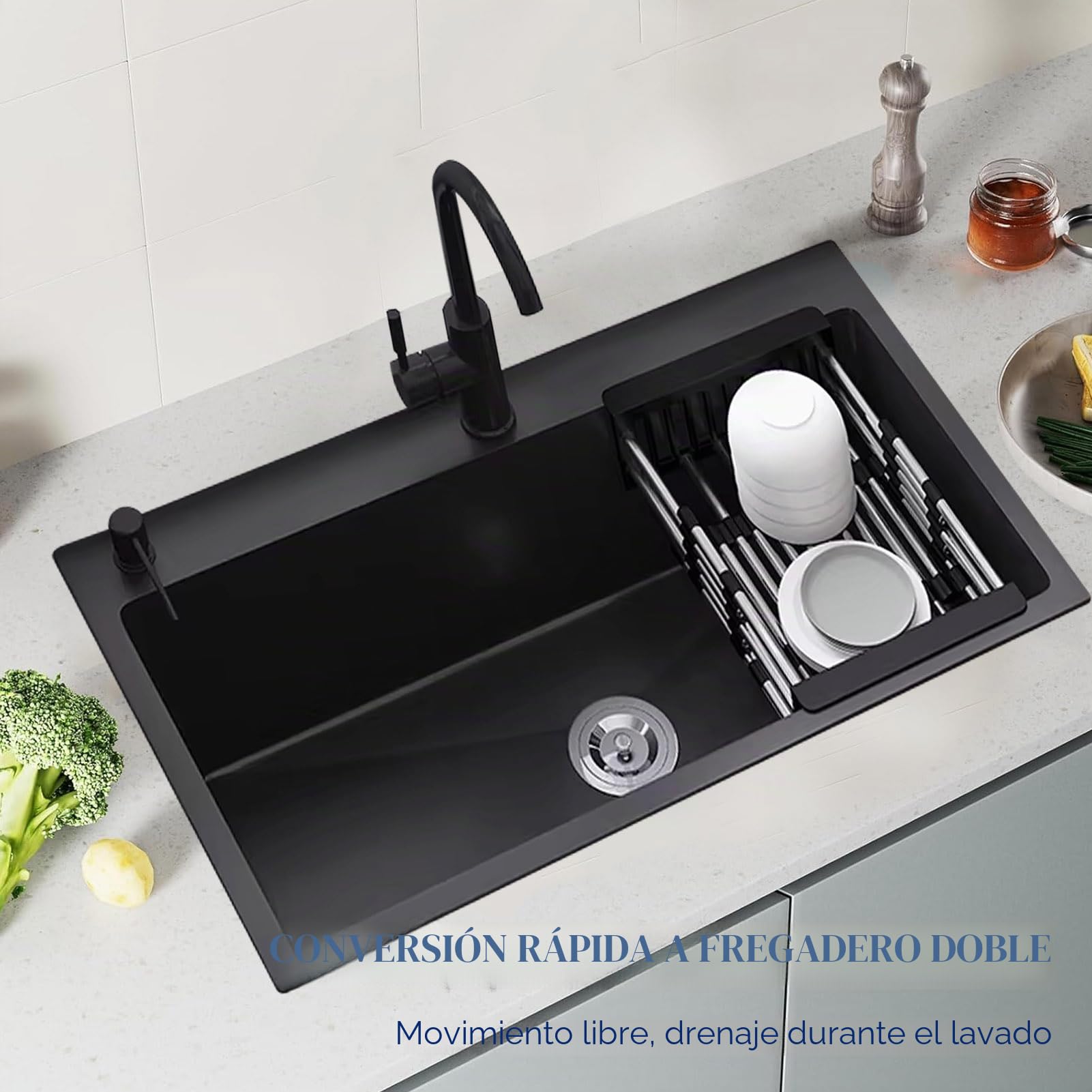 80x45cm Fregadero De Cocina 1 Seno De Acero Inoxidable con Dispensador De JabóN, Grifo y Juego De DesagüE, Fregadero Bajo Encimera O Sobre Encimera con Escurreplatos, Negro