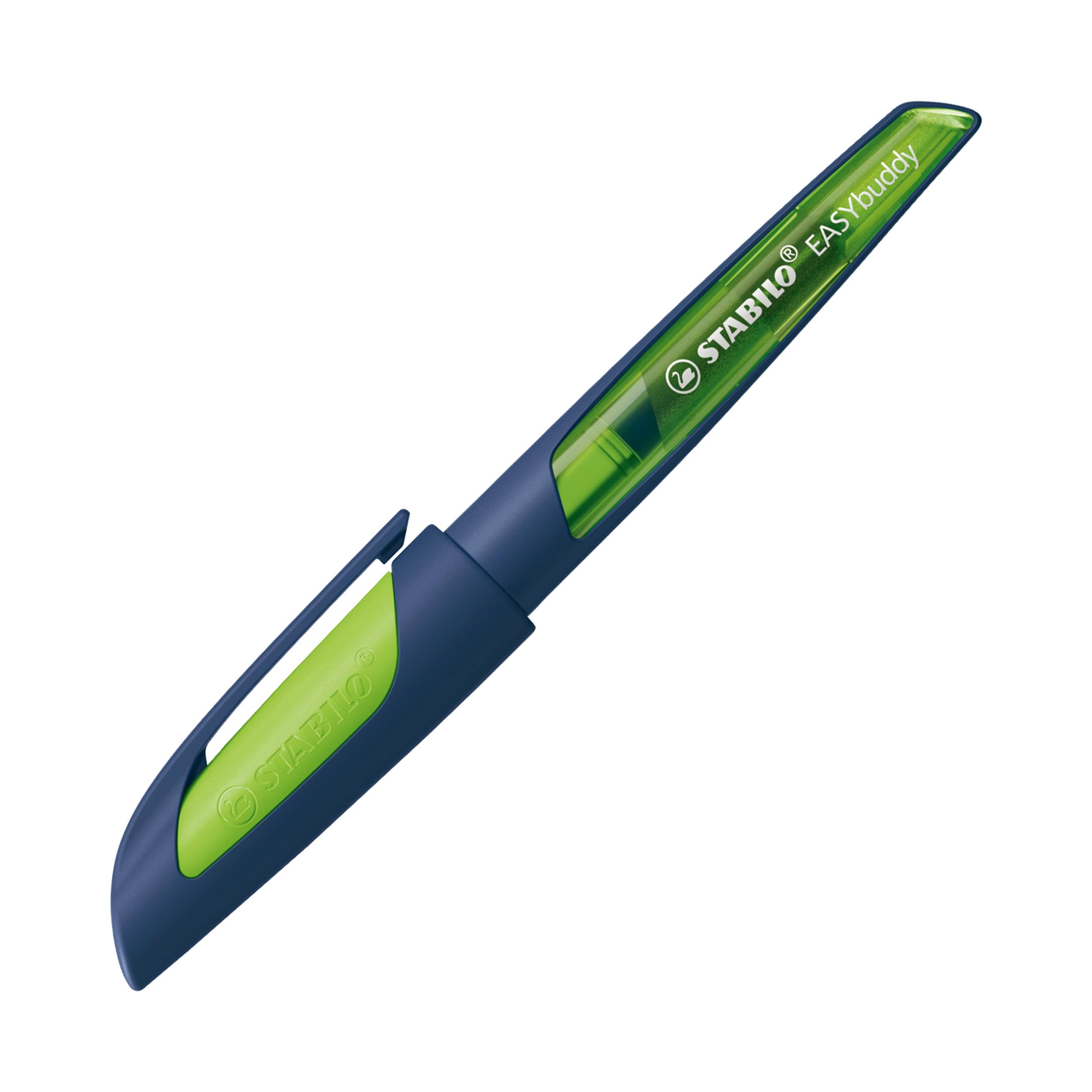 STABILO Ergonomic School Fountain Pen EASYbuddy Twilight Sky - M-Nib (Medium) - Pack of 1 - Steel Blue/Lime with Erasable Blue Ink (Inc. Cartridge)