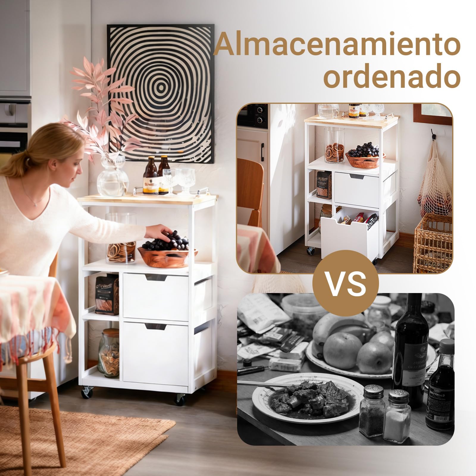 SoBuy Carrito Auxiliar con Ruedas para Espacios Pequeños, Mueble Auxiliar de Cocina con Cajones, Isla de Cocina con Ruedas, Carrito de Cocina con 3 Estantes Estilo Moderno Blanco 53x37x89 cm FKW111-WN