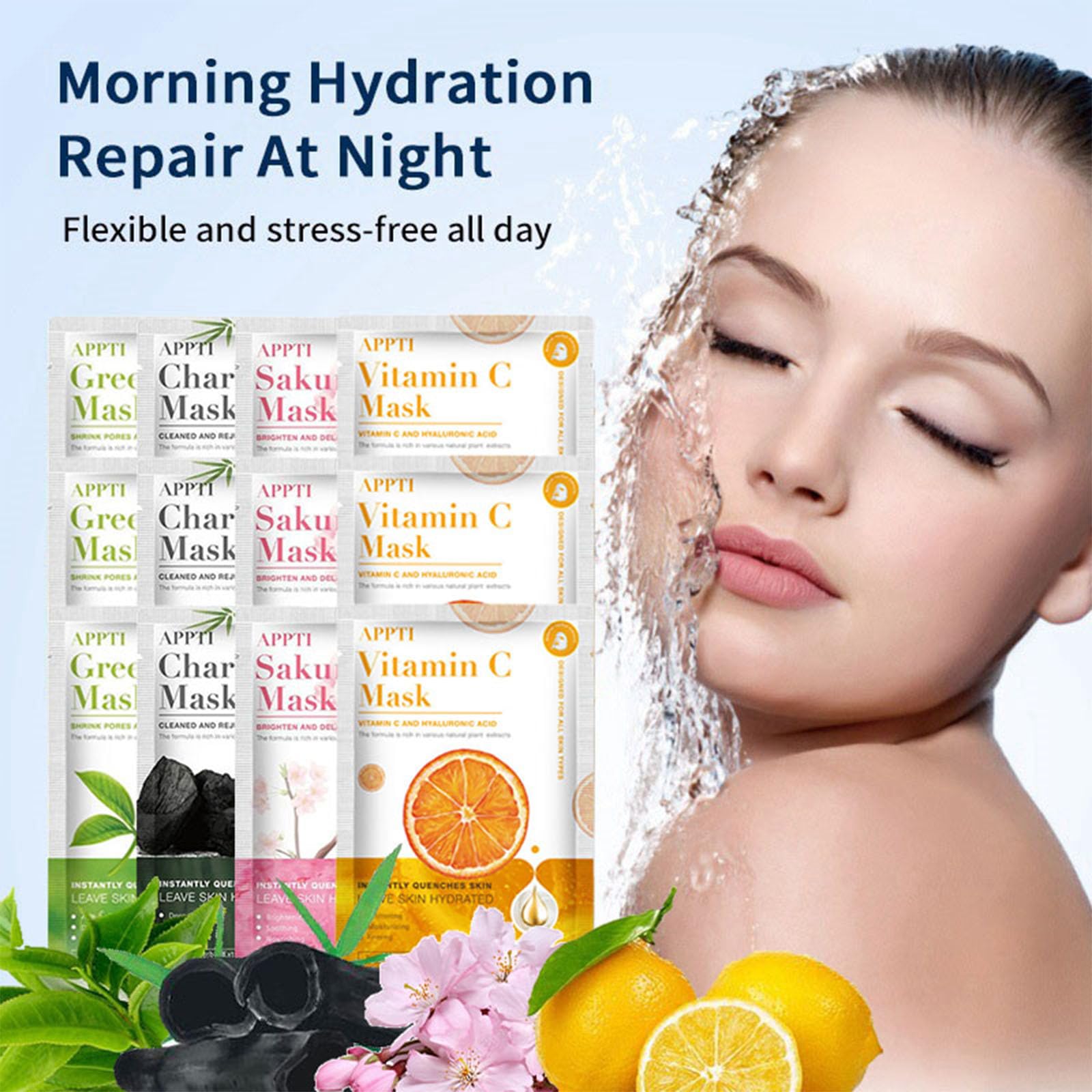 Somnr 12 PCS Sheet Face Mask Set, Natural Plant Extracts, Hydrating, Brightening, Anti-aging, Brightening - Image 2