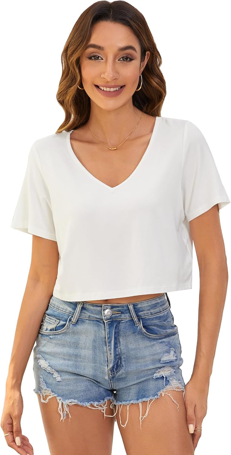 Verdusa Women's Solid V Neck Crop T Shirt Top Causal Short Sleeve Tee Top