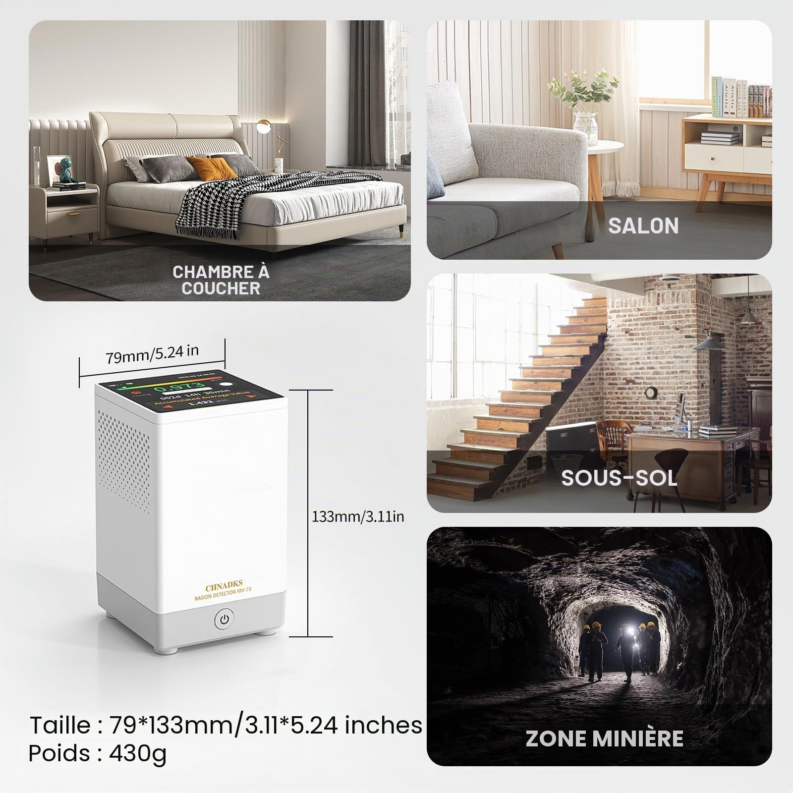 RM-73 Détecteur de Radon, avec Alarme sonore et visuelle, écran Couleur LCD Tactile, pour la Surveillance à Long Terme du Radon dans la Maison, en Bq/m³ ou pCi/L.