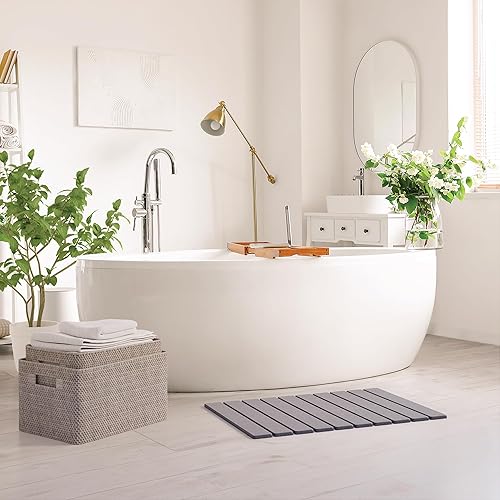 Miniatura 5 de Alfombrilla de baño de piedra de diatomita para suelo de baño, secado rápido, diseño plegable, 23 x 15 pulgadas, súper absorbente, tapete de baño de