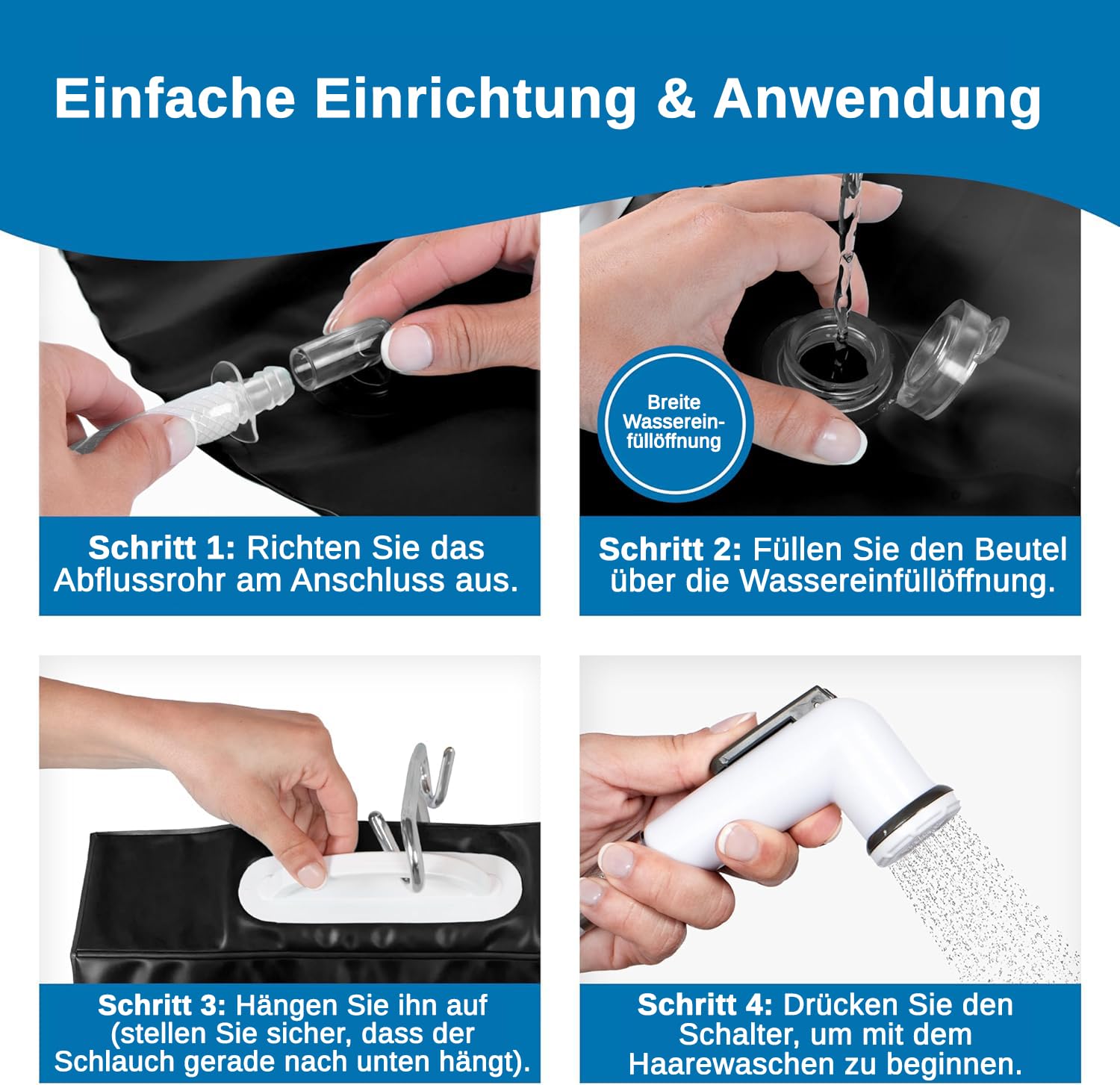 Aufblasbares Haarwaschbecken mit 9L Tragbarer Haarwasch- & Campingdusche – Komplettes Haarwasch-Set für Bettlägerige, Senioren, Pflege, Dreadlocks, Zuhause, Reisen & Camping – Schwarz