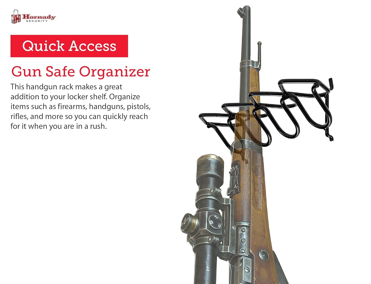 Hornady Square-Lok 4-Gun Rack. 95793 - PVC Coated Steel Racks Snap in Easily & Hold Firmly to Maximize Storage for Gun Accessories, Rifles, & Handguns - Quick Access Modular Pistol Rack for Gun Safes