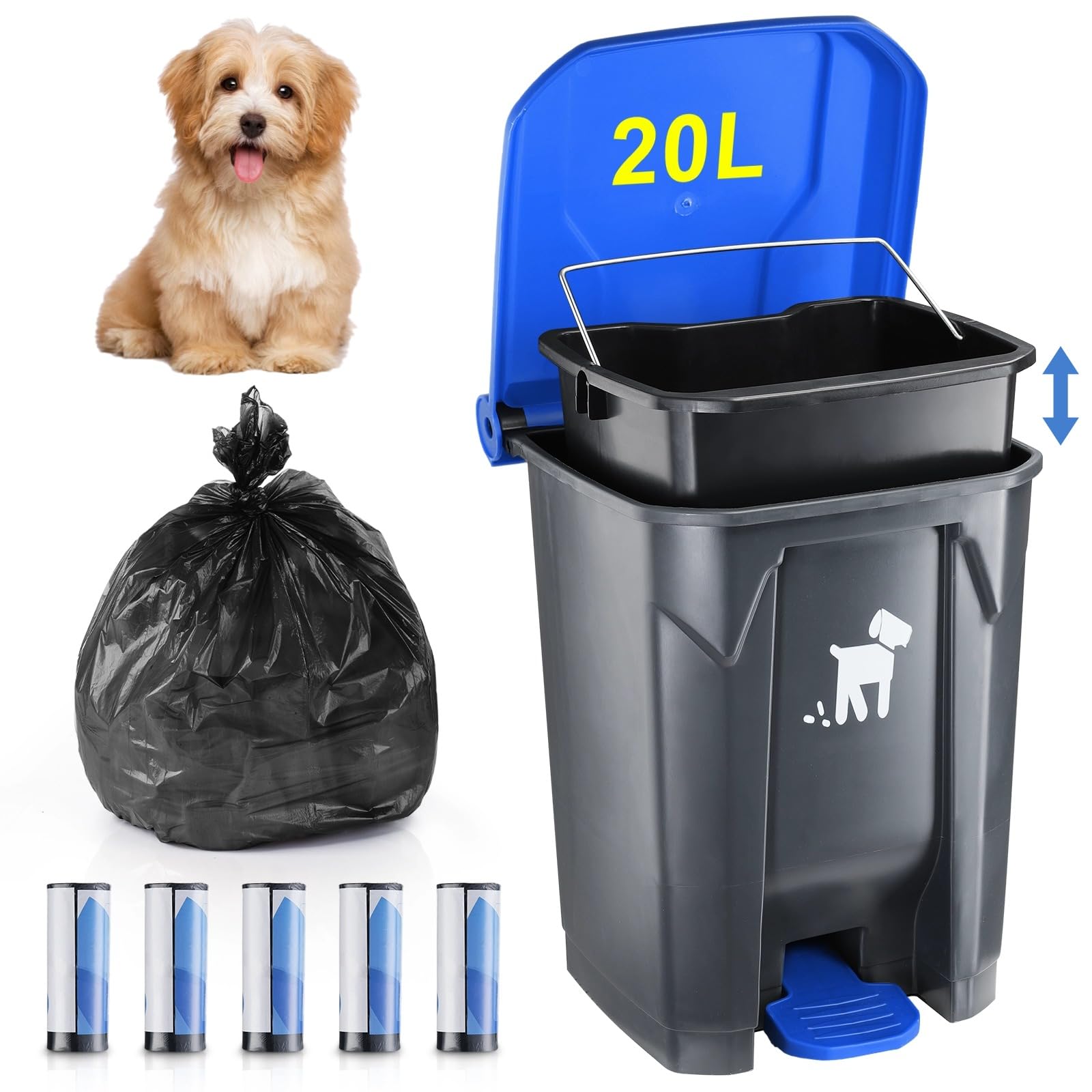 Dorakitten Dog Poo Bin with Lid - 20L Sturdy Dog Waste Bin for Garden with Removable Inner Container and 150 Waste Bags for Dog Care